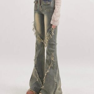 Soft Grunge Tasseled Flare Jeans - Y2K Fashion & Aesthetic Outfits