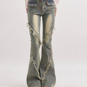 Soft Grunge Tasseled Flare Jeans - Y2K Fashion & Aesthetic Outfits