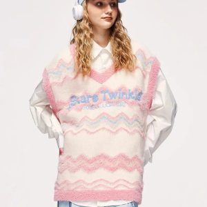 Stars Twinkle Y2K Fluffy Sweater Vest - Cute Pastel Goth Aesthetic