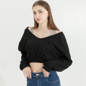 Strap Detailed Wide Neck Crop Sweatshirt - Y2K Fashion & Aesthetic Tops