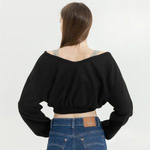 Strap Detailed Wide Neck Crop Sweatshirt - Y2K Fashion & Aesthetic Tops