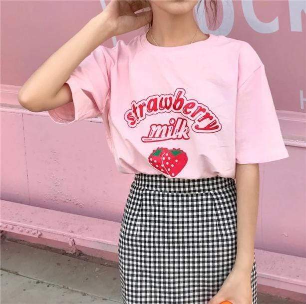 Strawberry Milk T-Shirt - Y2K Aesthetic Cute Top for Grunge & Coquette Styles