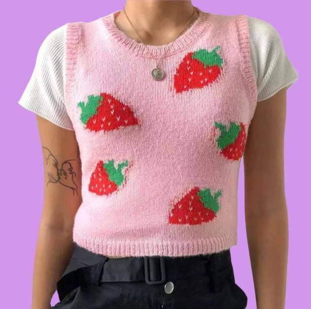 Strawberry Sleeveless Sweater - Y2K Fashion Cute Top for Coquette Aesthetic