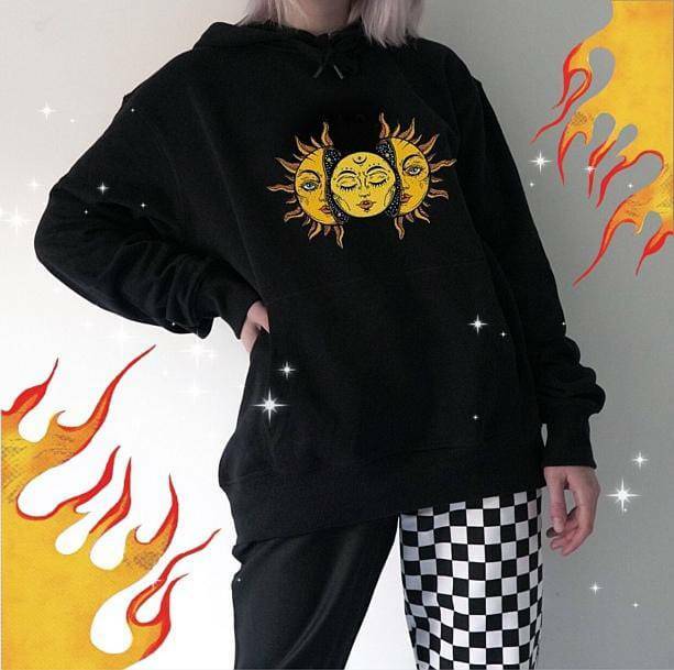 Sun Moon Face Hoodie - Y2K Aesthetic, Cute Tops, Grunge & Coquette Style