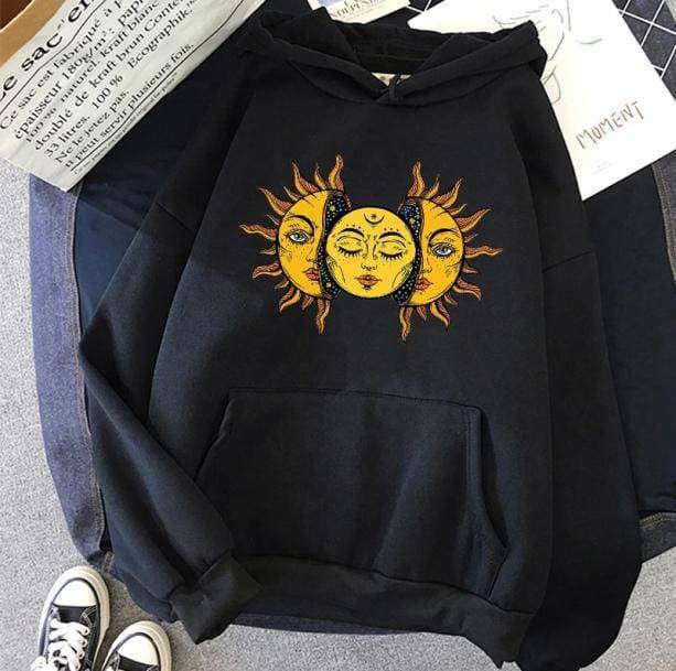 Sun Moon Face Hoodie - Y2K Aesthetic, Cute Tops, Grunge & Coquette Style