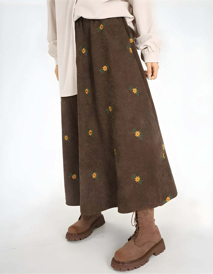 Sunflower Embroidered Corduroy Maxi Skirt - Y2K Aesthetic Fashion Piece