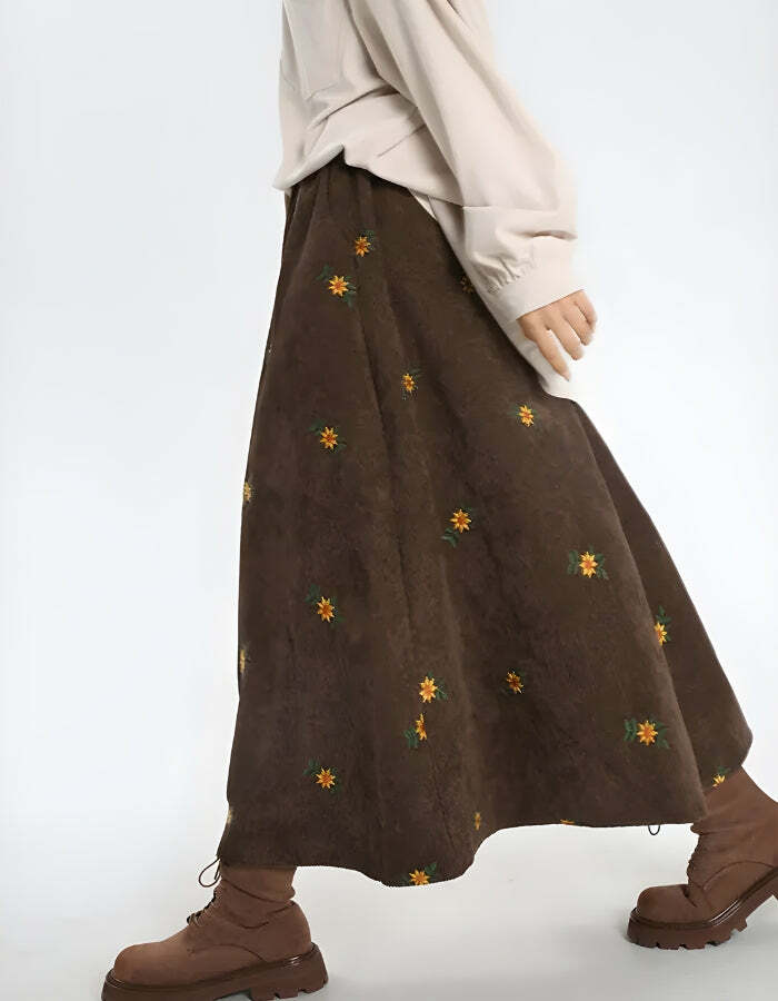 Sunflower Embroidered Corduroy Maxi Skirt - Y2K Aesthetic Fashion Piece