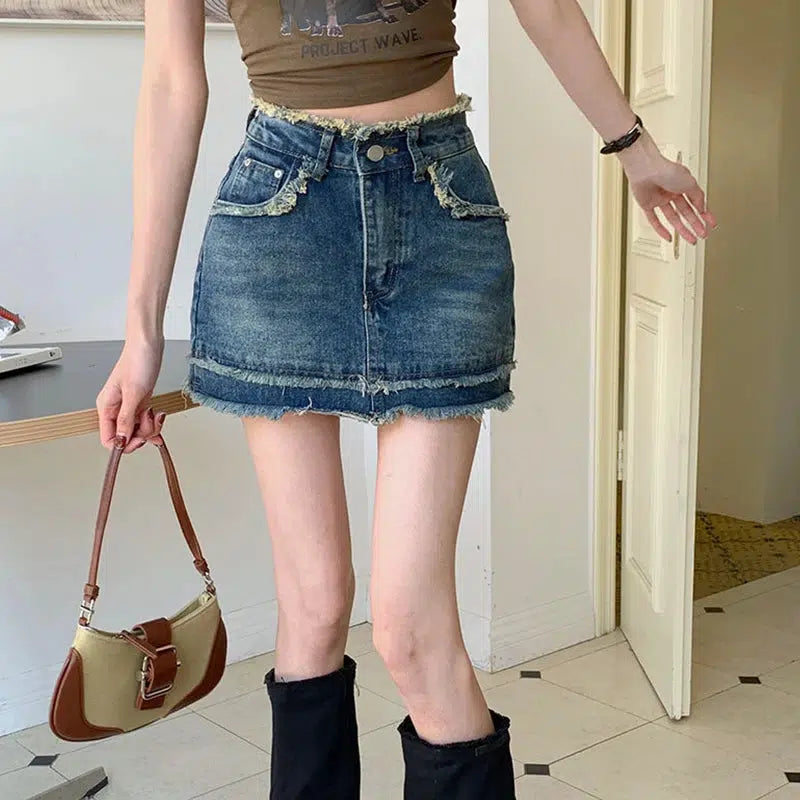 Tasseled Denim Mini Skort - Y2K Fashion Meets Coquette & Grunge Aesthetic