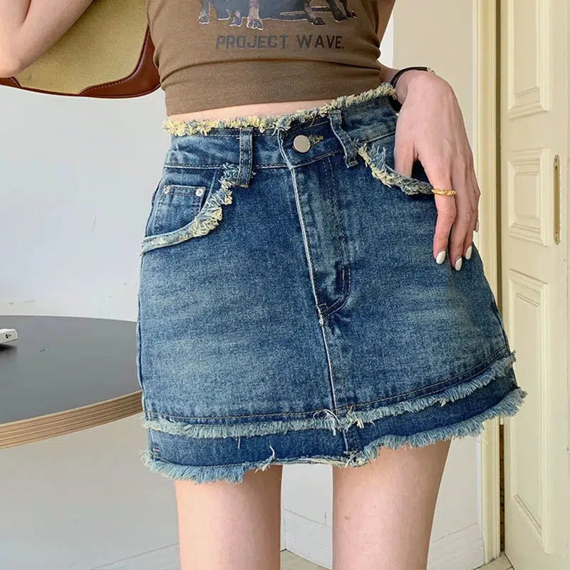 Tasseled Denim Mini Skort - Y2K Fashion Meets Coquette & Grunge Aesthetic