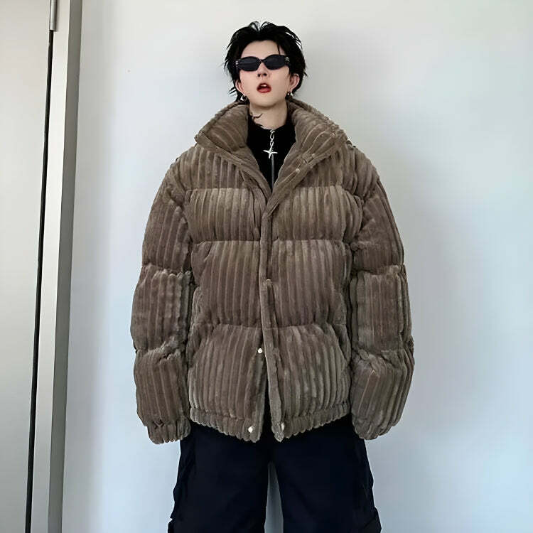 Trendy Corduroy Buttoned Puffer Jacket for Y2K Fashion Lovers