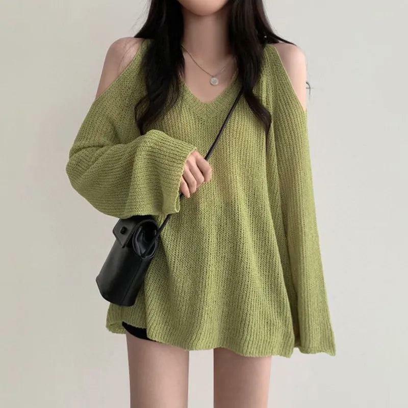 Trendy Cut-Out Shoulder Loose Knit Sweater for Y2K Aesthetic Lovers