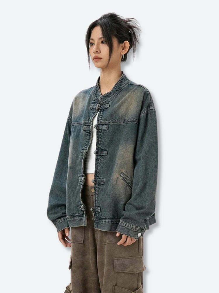 Trendy Distressed Denim Jacket for Y2K Fashion & Grunge Aesthetic