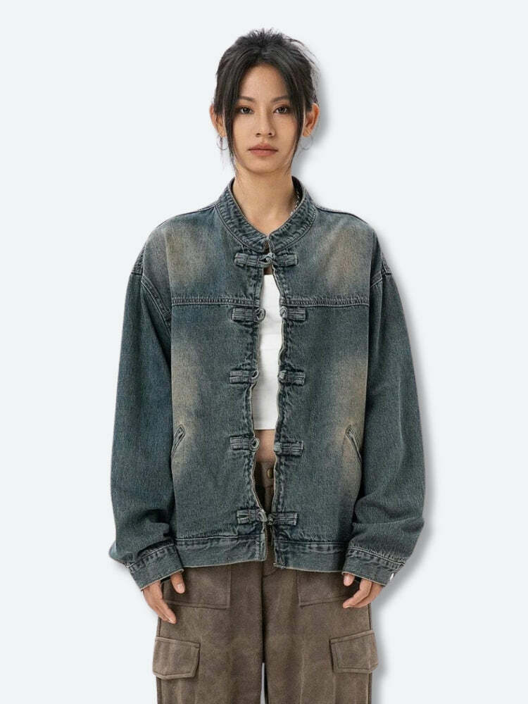 Trendy Distressed Denim Jacket for Y2K Fashion & Grunge Aesthetic