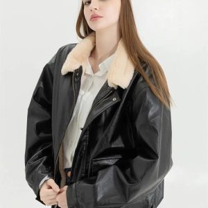 Trendy Double-Faced Faux Leather & Fur Jacket for Y2K Aesthetic Outfits