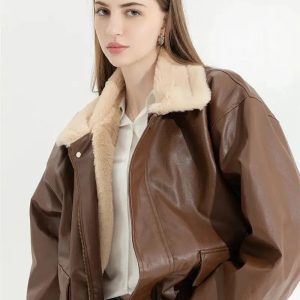 Trendy Double-Faced Faux Leather & Fur Jacket for Y2K Aesthetic Outfits