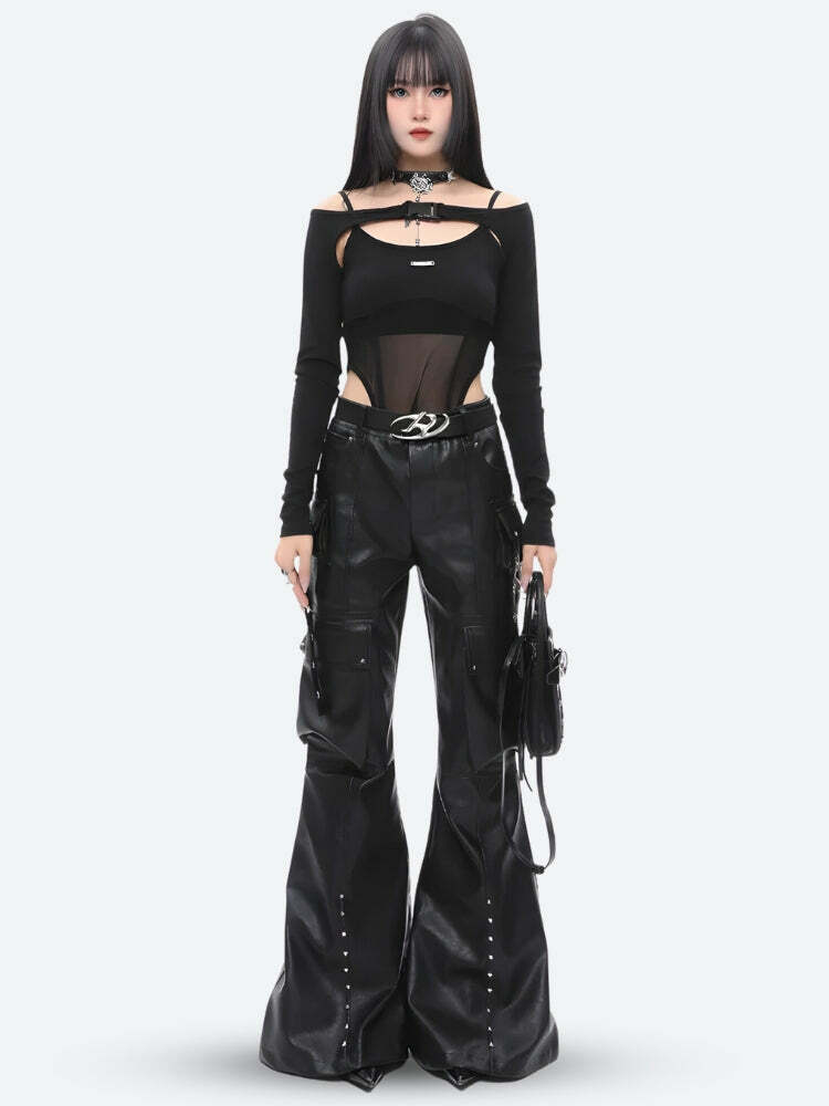 Trendy Faux Leather Cargo Pants for Y2K Fashion & Grunge Aesthetic