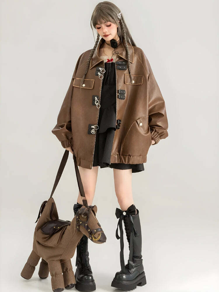 Trendy Faux Leather Oversized Jacket for Y2K Fashion & Grunge Aesthetic