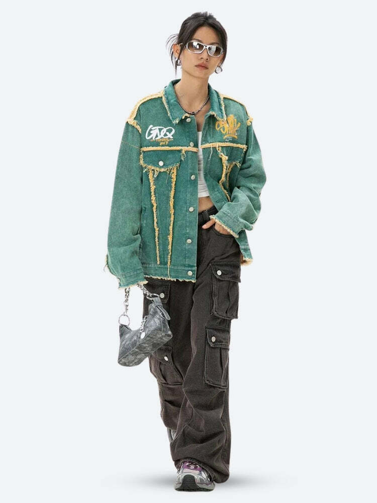 Trendy Green Denim Jacket for Y2K Fashion & Grunge Aesthetic Outfits