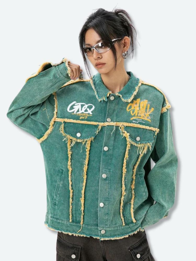 Trendy Green Denim Jacket for Y2K Fashion & Grunge Aesthetic Outfits