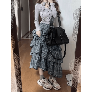 Trendy Long Plaid Y2K Cargo Skirt for Grunge & Coquette Aesthetic