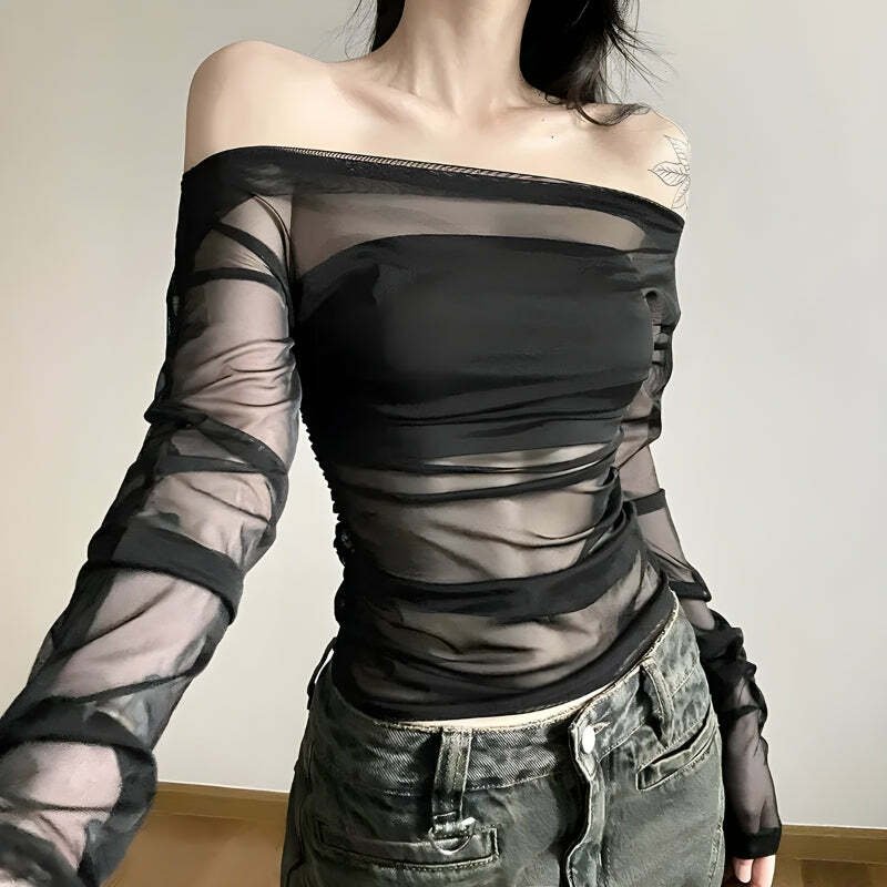 Trendy Off Shoulder Mesh Top - Y2K Fashion, Grunge Aesthetic, Cute Tops