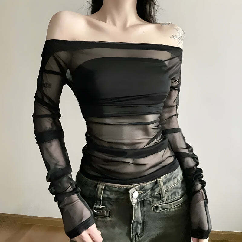 Trendy Off Shoulder Mesh Top - Y2K Fashion, Grunge Aesthetic, Cute Tops