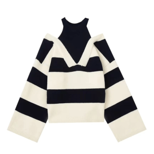 Trendy Open Shoulder Stripe Sweater - Y2K Fashion & Aesthetic Vibes