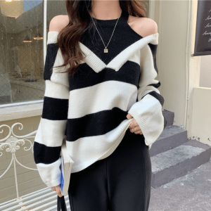 Trendy Open Shoulder Stripe Sweater - Y2K Fashion & Aesthetic Vibes