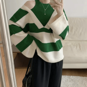 Trendy Open Shoulder Stripe Sweater - Y2K Fashion & Aesthetic Vibes