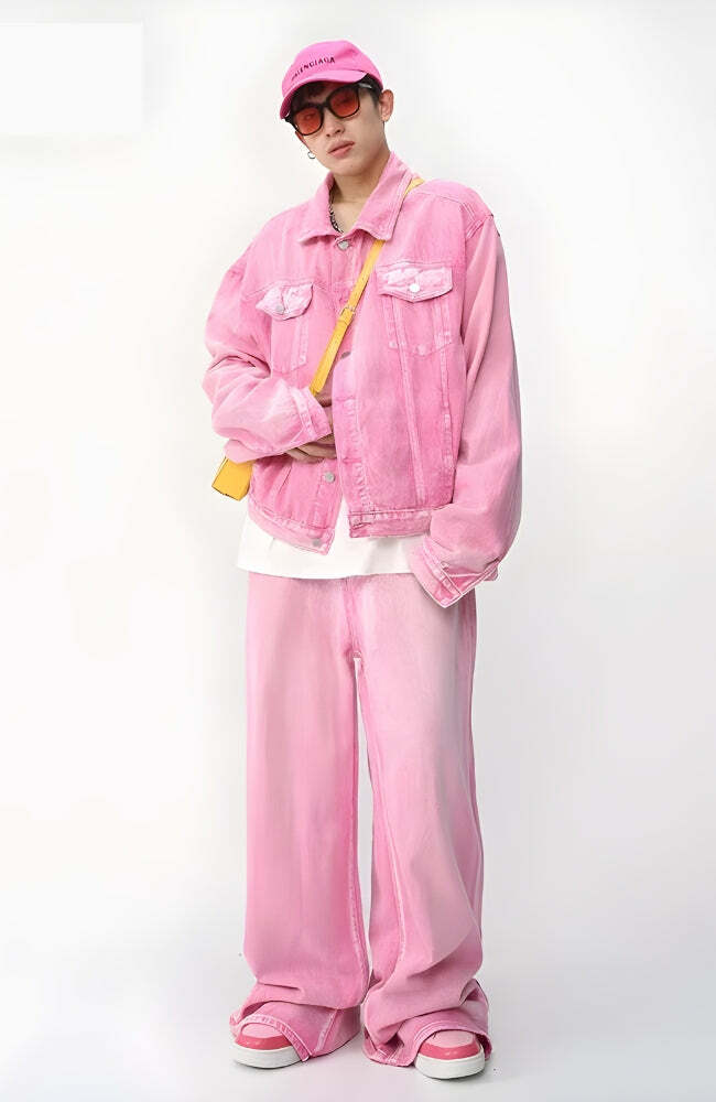 Trendy Pink Denim Jacket & Pants Set - Y2K Fashion & Aesthetic Vibes