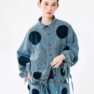 Trendy Polka Dot Denim Jacket - Y2K Fashion & Grunge Aesthetic Style