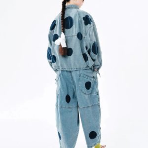 Trendy Polka Dot Denim Jacket - Y2K Fashion & Grunge Aesthetic Style