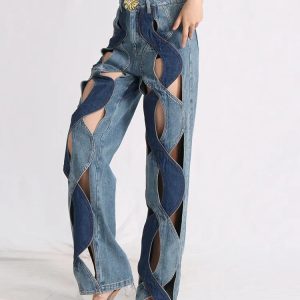 Trendy Y2K Denim Cut Out Jeans for Grunge & Coquette Aesthetic