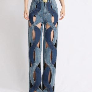 Trendy Y2K Denim Cut Out Jeans for Grunge & Coquette Aesthetic