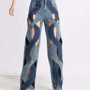 Trendy Y2K Denim Cut Out Jeans for Grunge & Coquette Aesthetic