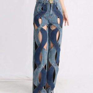 Trendy Y2K Denim Cut Out Jeans for Grunge & Coquette Aesthetic