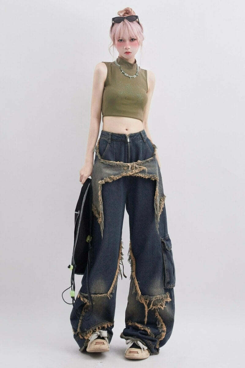 Trendy Y2K Fashion Star Jeans: Grunge Aesthetic & Coquette Style