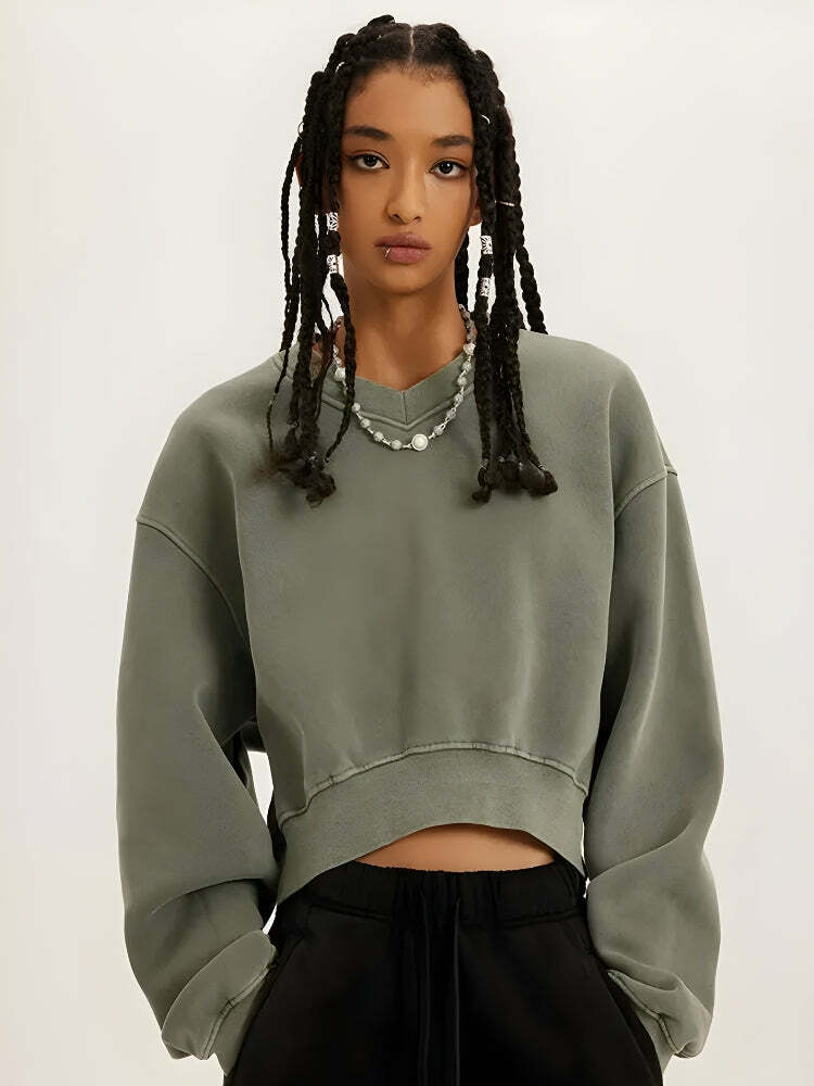 V-Neck Drop Shoulder Cropped Sweatshirt - Y2K Fashion & Grunge Aesthetic