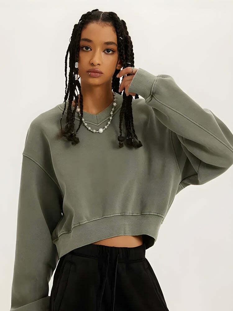 V-Neck Drop Shoulder Cropped Sweatshirt - Y2K Fashion & Grunge Aesthetic