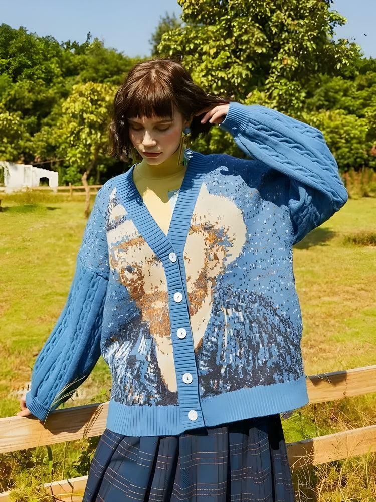 Van Gogh Self Portrait Cardigan - Y2K Aesthetic Cute Top for Grunge Style