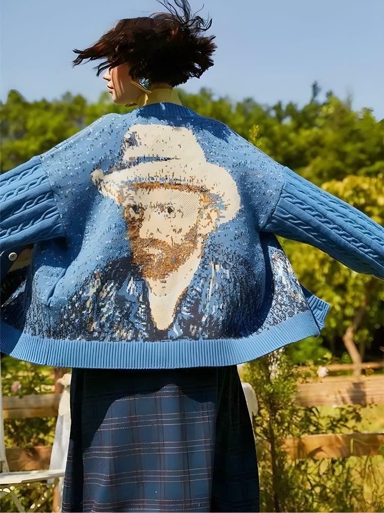 Van Gogh Self Portrait Cardigan - Y2K Aesthetic Cute Top for Grunge Style