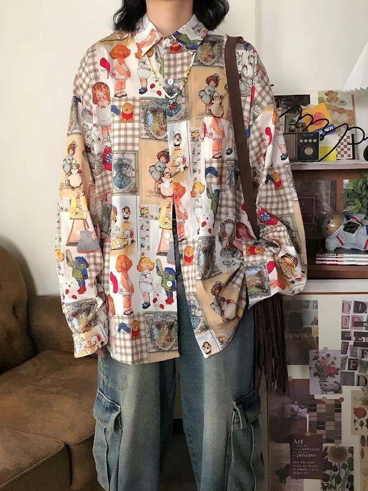 Vintage Cartoon Oversized Shirt - Y2K Aesthetic Cute Top for Grunge Style