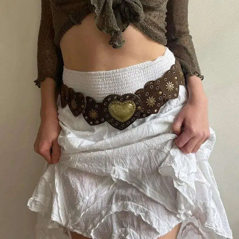 Vintage Ethnic Heart Suede Waist Belt for Y2K Fashion & Aesthetic Outfits