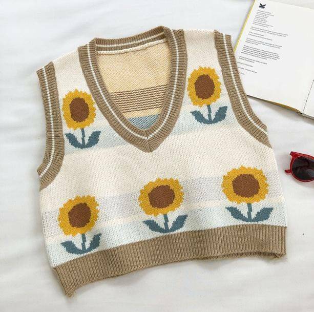 Vintage Flower Sleeveless Sweater - Y2K Aesthetic Cute Top for Grunge Style