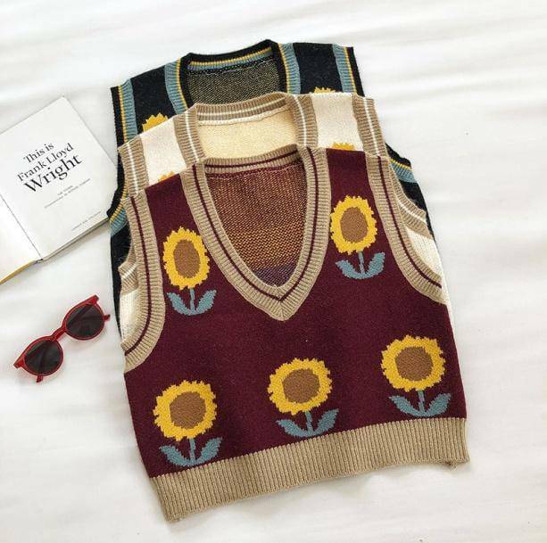 Vintage Flower Sleeveless Sweater - Y2K Aesthetic Cute Top for Grunge Style