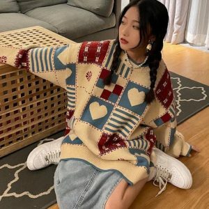 Vintage Heart Pattern Sweater - Y2K Aesthetic Cute Top for Grunge Style