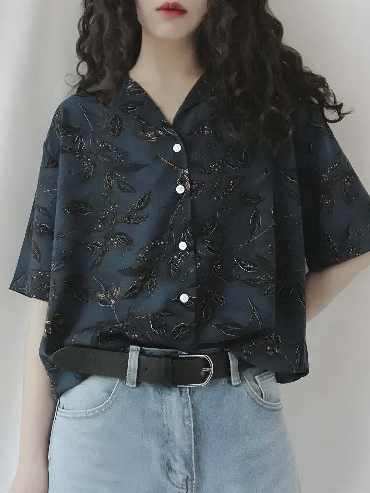 Vintage Leaf Y2K Aesthetic Shirt - Cute Tops for Coquette & Grunge Styles