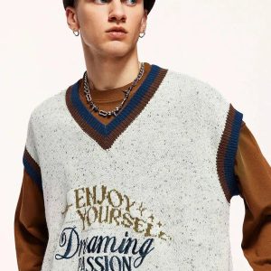 Vintage Y2K Aesthetic Enjoy Yourself Knitted Sweater Vest for Grunge Style