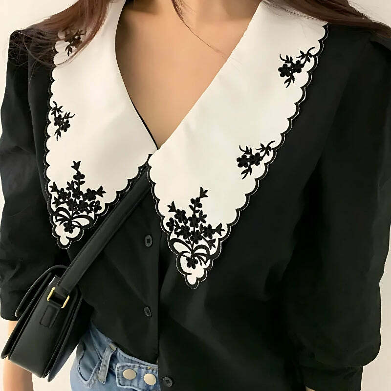 Vintage Y2K Embroidered Collar Shirt - Coquette & Grunge Aesthetic Top