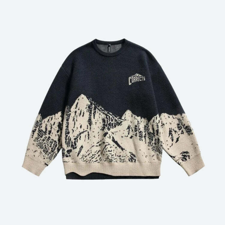 Vintage Y2K Mountain Knitted Sweater - Cozy Grunge Aesthetic Top